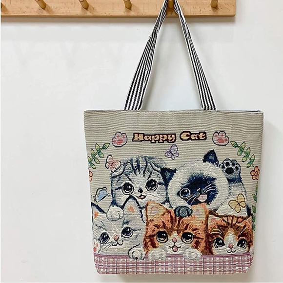 Handbags - NEW “Happy Cat” Large Canvas Zip Tote Shopper Bag Cute Kittens Vintage Style